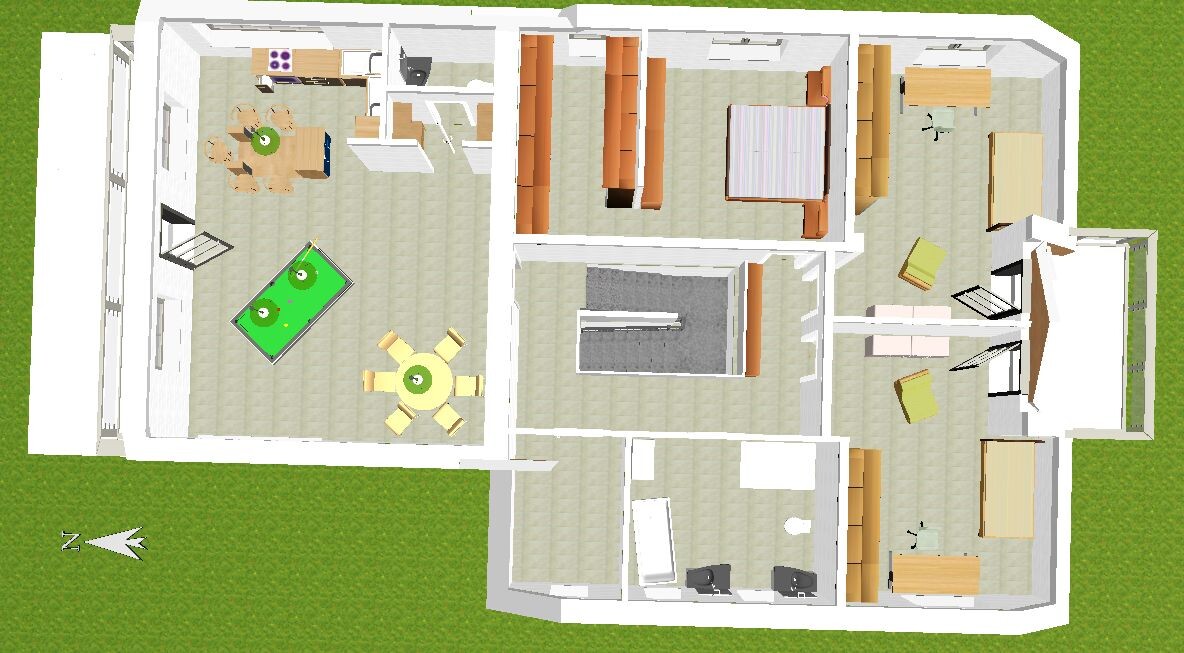 Grundriss eines Hauses mit Küche, Essen, Wohnzimmer, 2 Schlafzimmer, Arbeitszimmer, Bad, Garten.