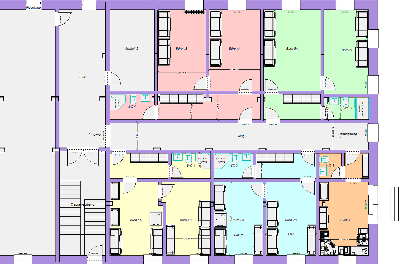 Floor plan of an office building: hallways, entrances, corridors, colored offices (Office 1A–5B) and restrooms.