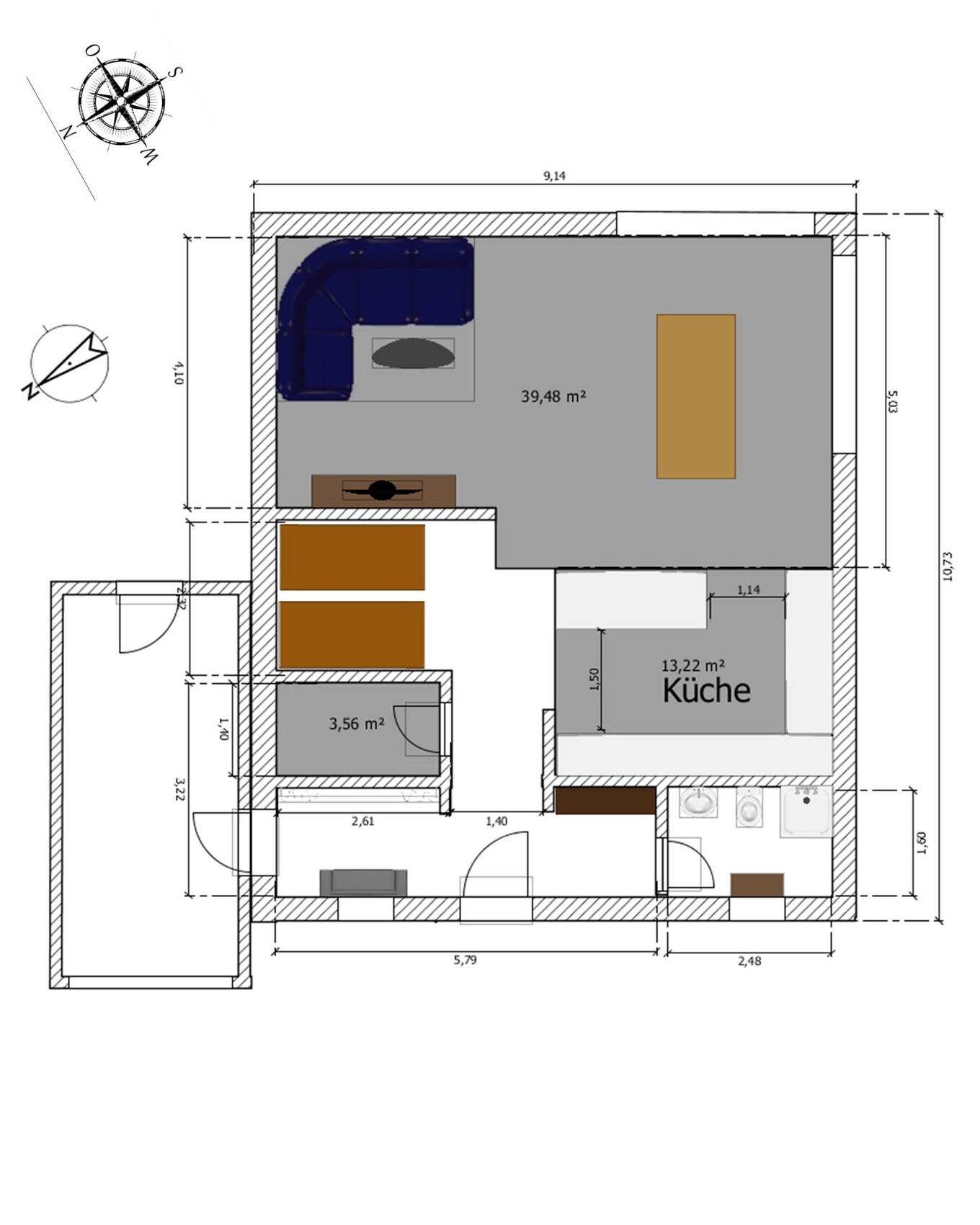 Floor plan of an apartment: Open living area with sofa, dining table, kitchen and entrance area.