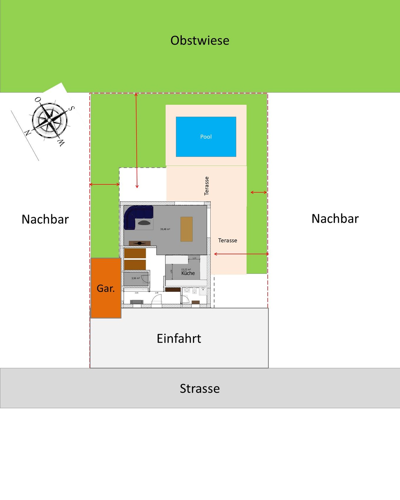 Floor plan of a house with garage, kitchen, terrace, pool, orchard and driveway leading to the street.