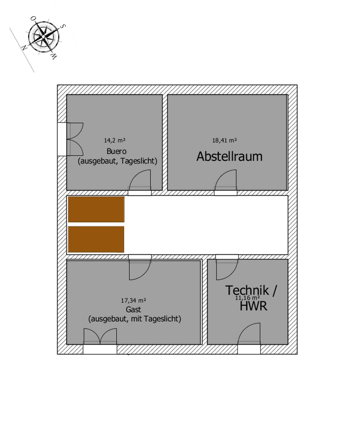 Floor plan of a building wing with office, storage room, guest and technical/utility room.
