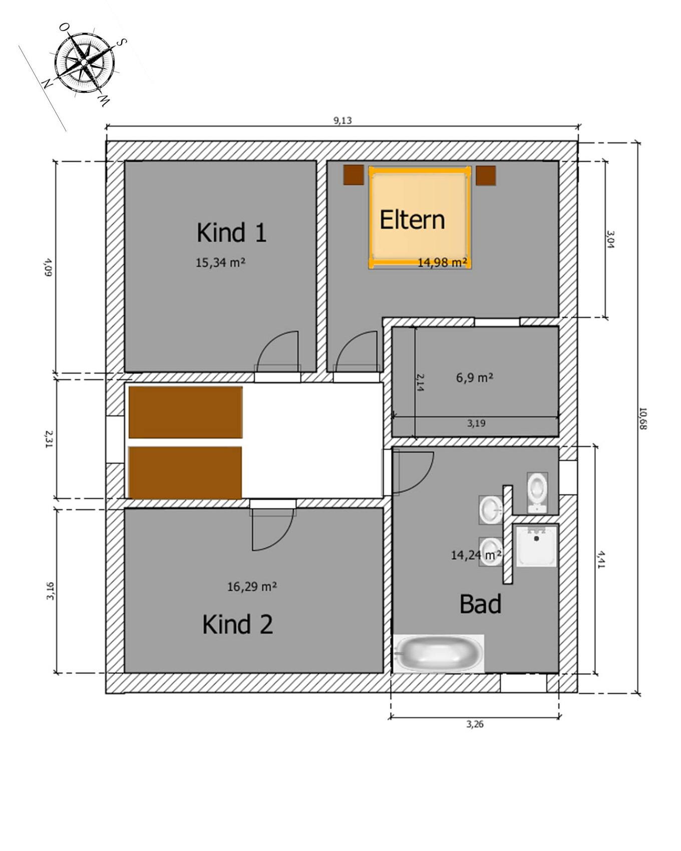 Floor plan of a residential house with child 1, child 2, master bedroom and bathroom; compass top left.