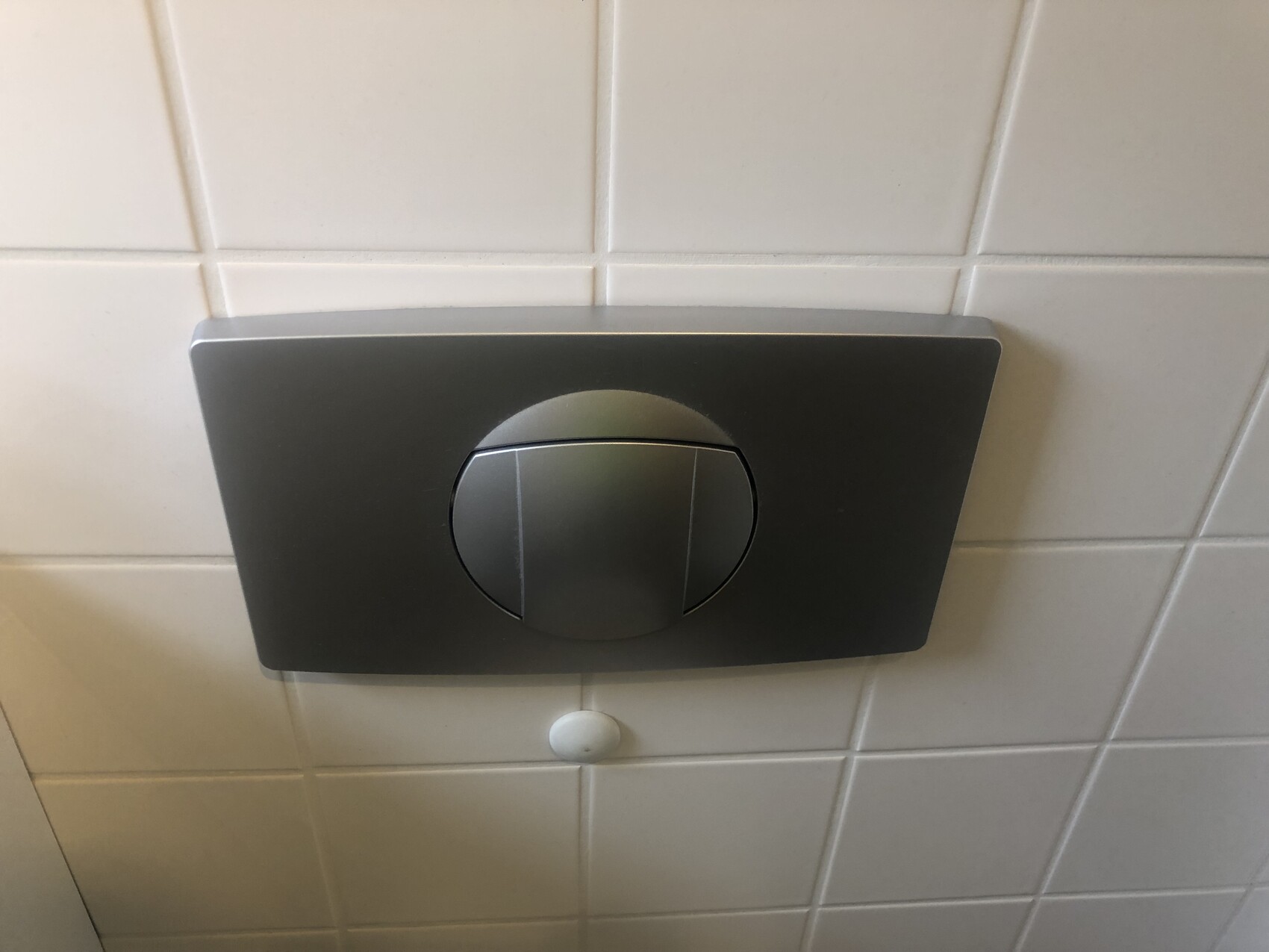 Wall-mounted black flush plate with round button on tiles.