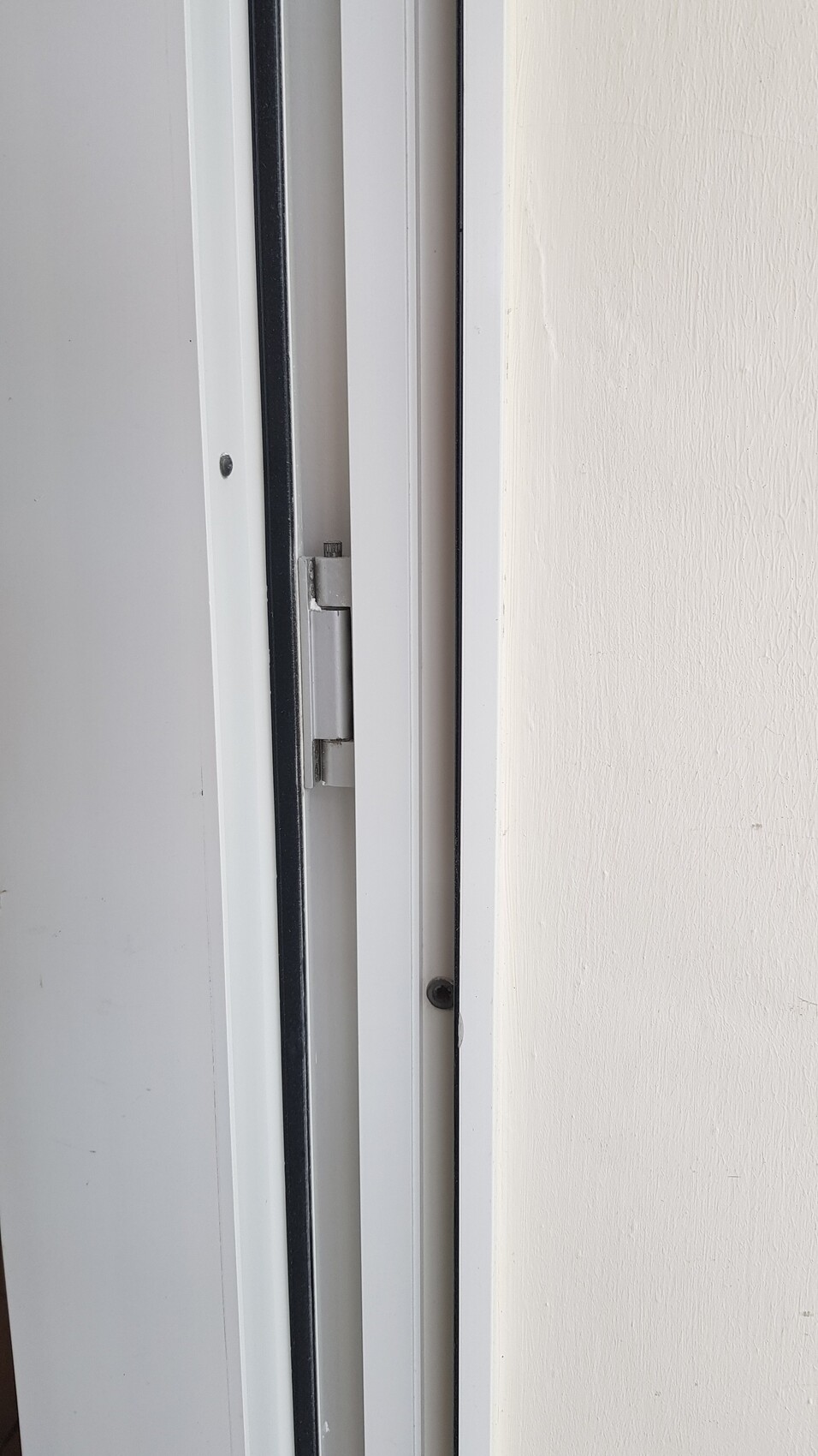 White door frame with metal hinge on the door side; beige wall visible on the right.