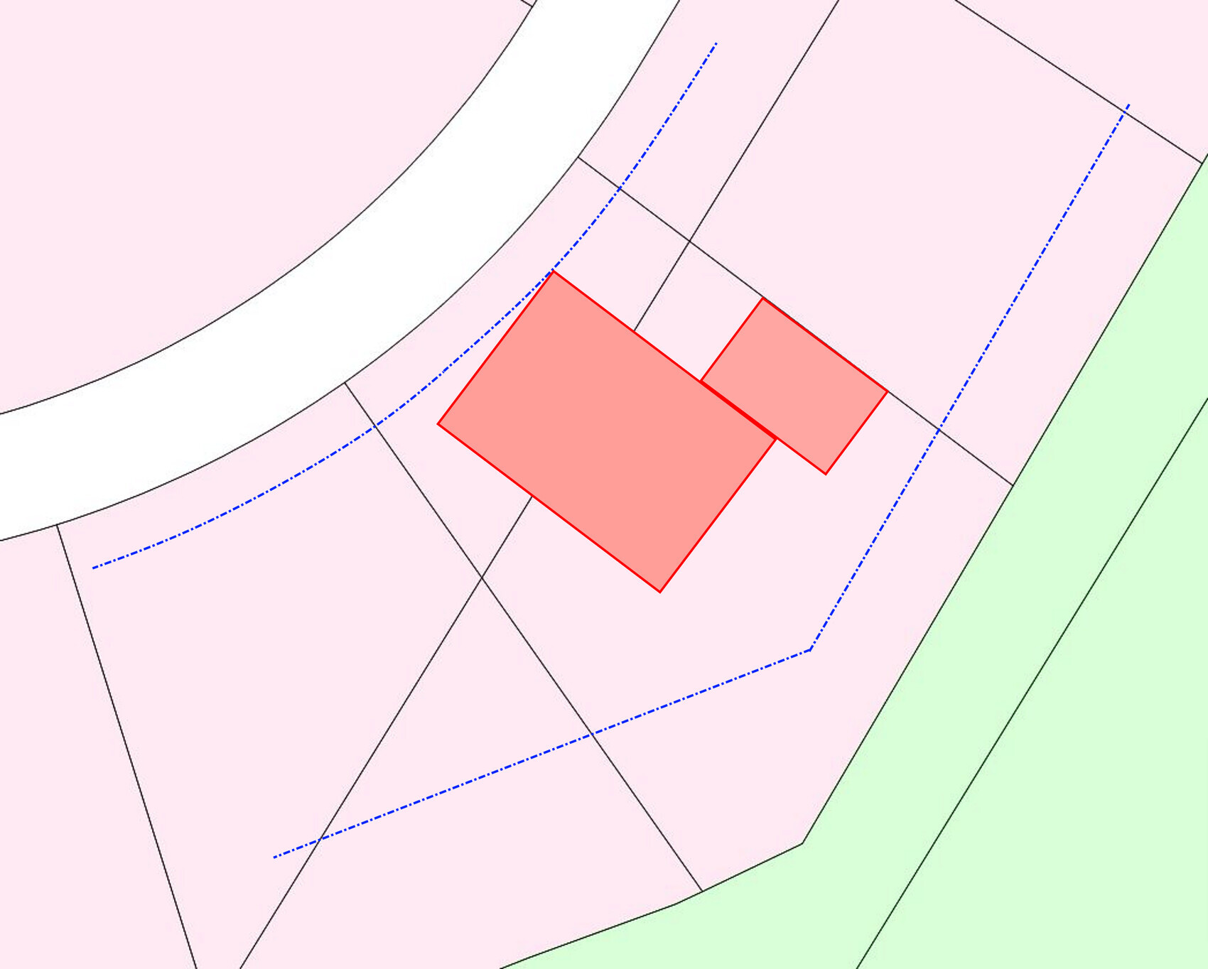 Site plan: Several plots in pink, red building complexes, blue dashed line, green edge.