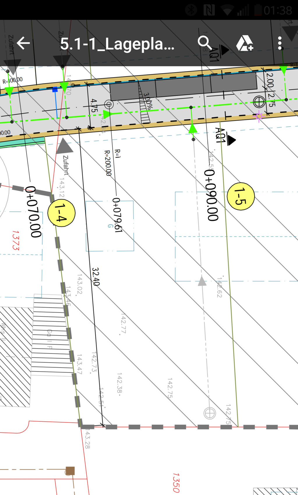 Technical site plan of a building project with dimension lines, line types, and infrastructure.