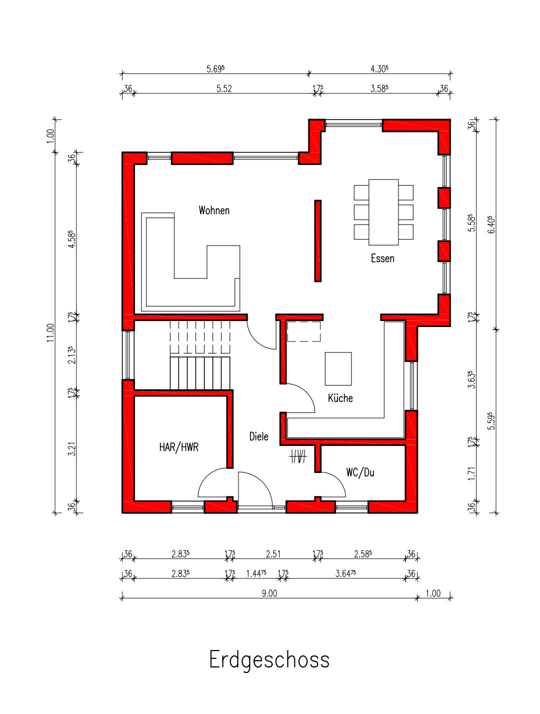 Ground floor plan with living room, dining area, kitchen, hall, and toilet.