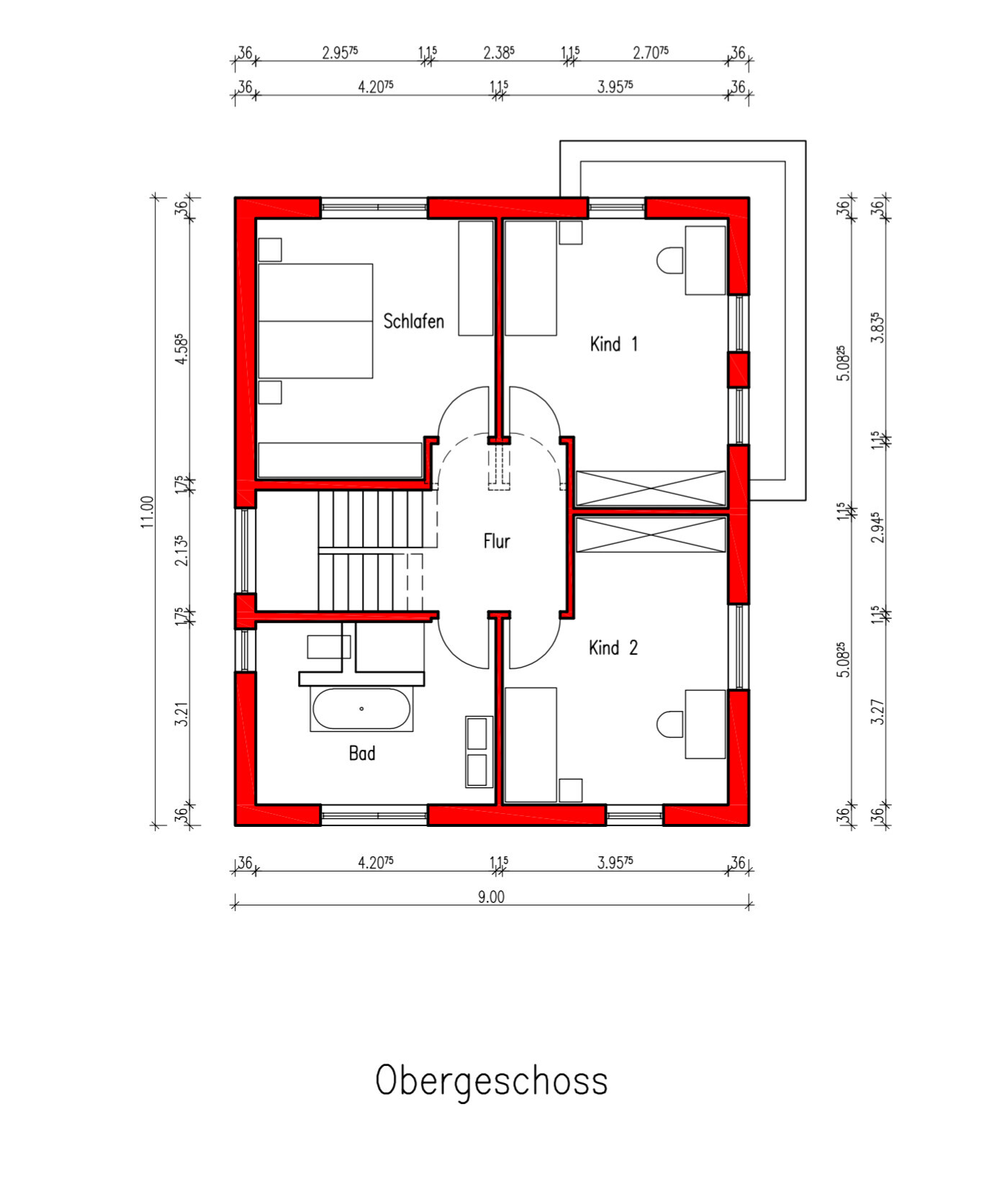 First floor plan: corridor connecting bedroom, child 1, child 2; bathroom; red outer walls.