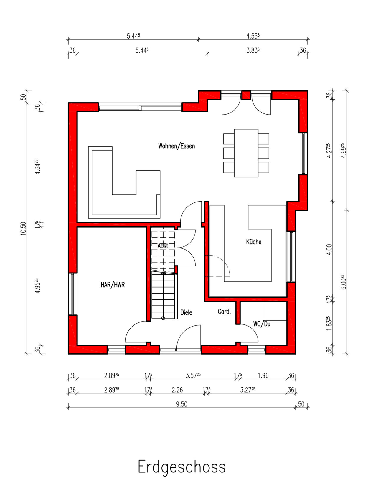 Ground floor plan of a house: living/dining area, kitchen, hall, utility/technical room, cloakroom, toilet/shower, stairs.