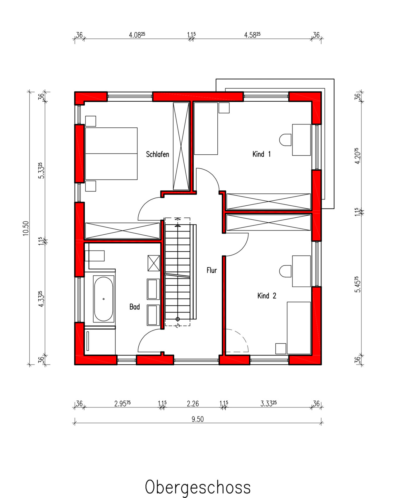 First floor plan: bedroom, child 1, child 2, bathroom, corridor, staircase.