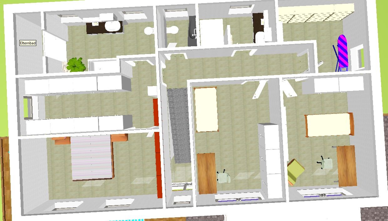 3D floor plan of a residential house with multiple rooms, furniture, and corridors