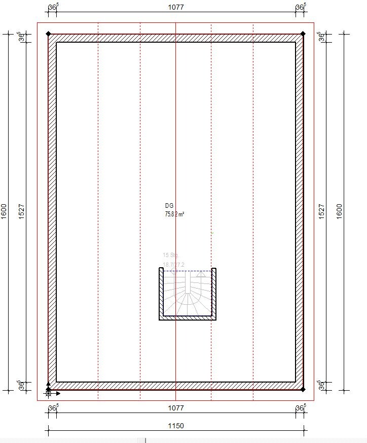 Floor plan of a large rectangular room with thick border; central spiral staircase at bottom.