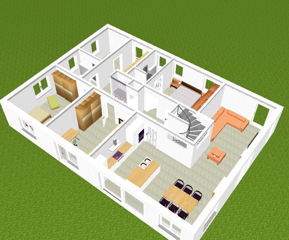 Isometrischer Hausgrundriss: Wohnzimmer, Küche, Esszimmer, Schlafzimmer, Treppen