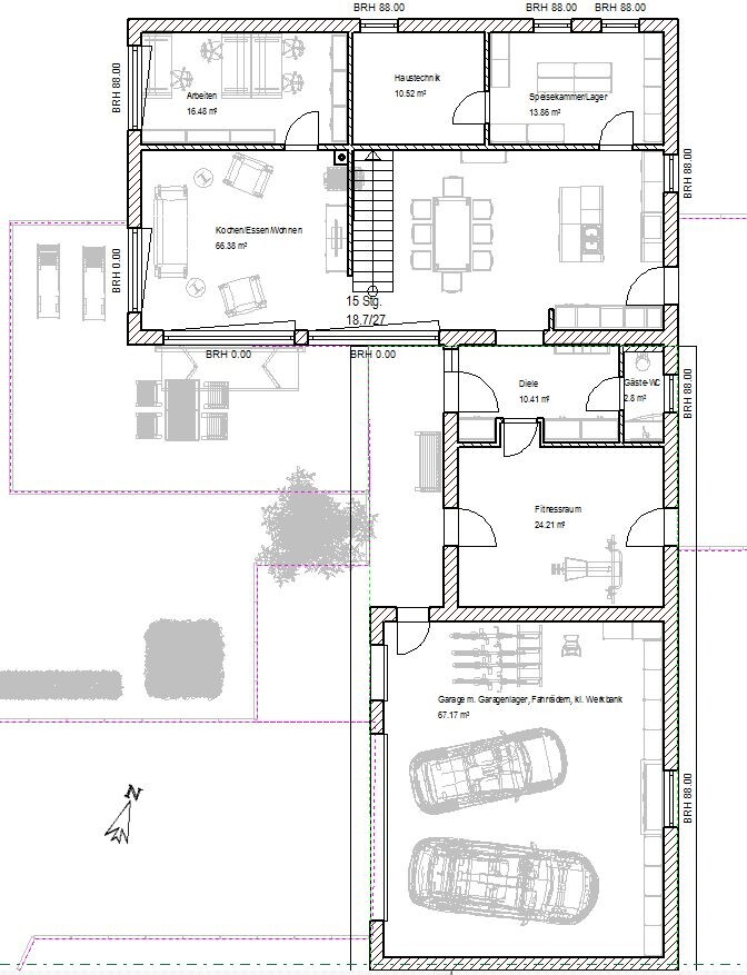 Floor plan of a single-family house with kitchen, living room, hallway, bedroom, bathroom, and garage