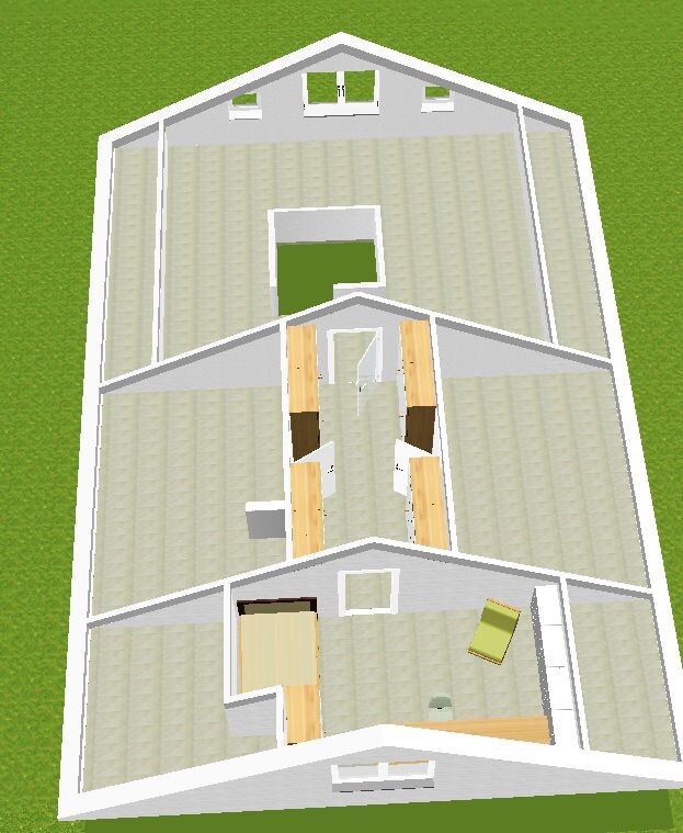 3D-Top-Down-Grundriss eines Hauses mit mehreren Zimmern, Fluren und Möbeln; grüne Außenfläche.