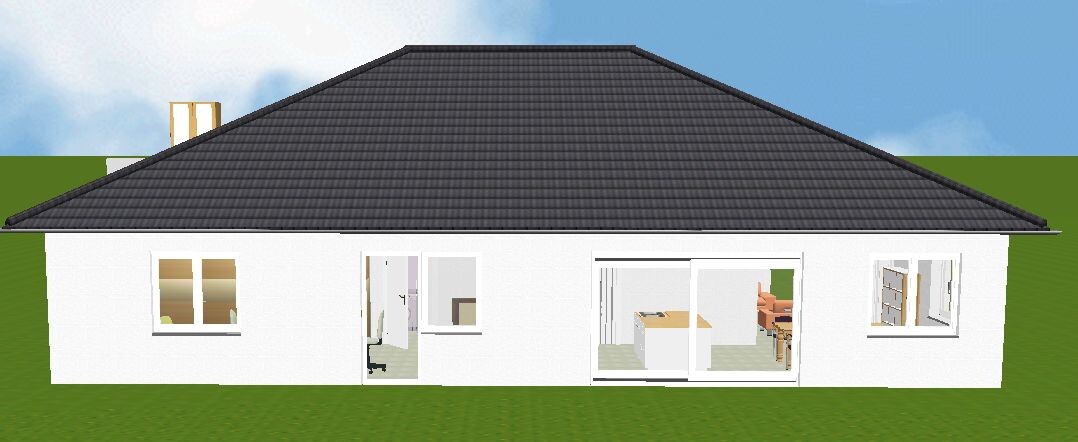 White single-family house with dark pitched roof; wide glass frontage with kitchen and living area visible.