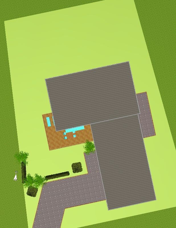 Site plan of a house with terrace, garden, and driveway from a bird’s-eye view