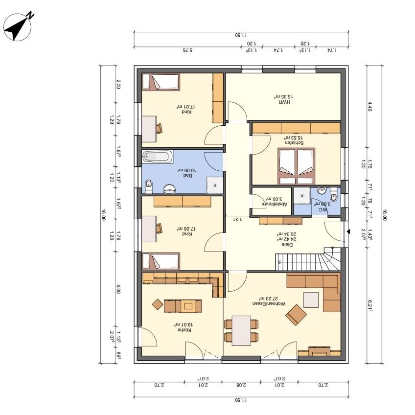 Floor plan of a single-family house: kitchen, living room, two bedrooms, bathroom, toilet, and stairs.
