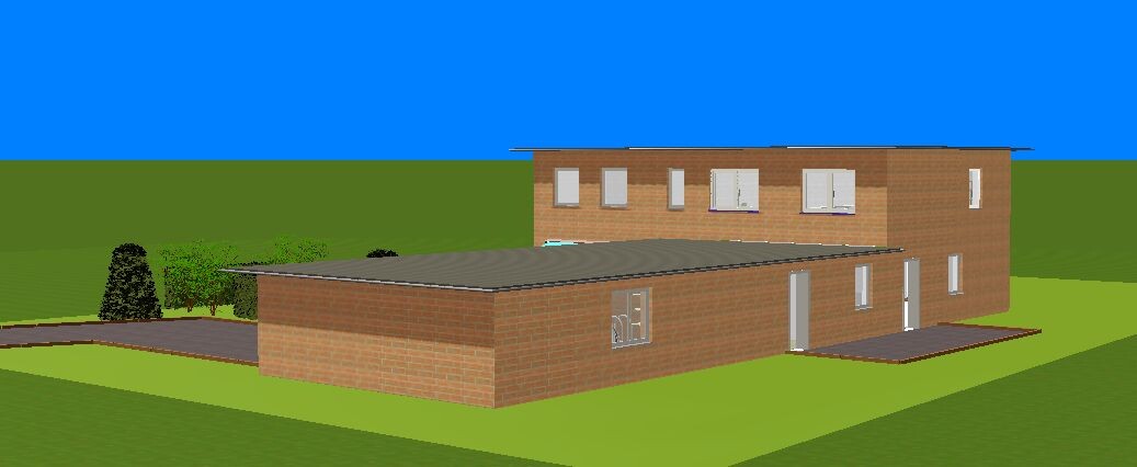 3D house model with brick walls, flat roof, and garden area