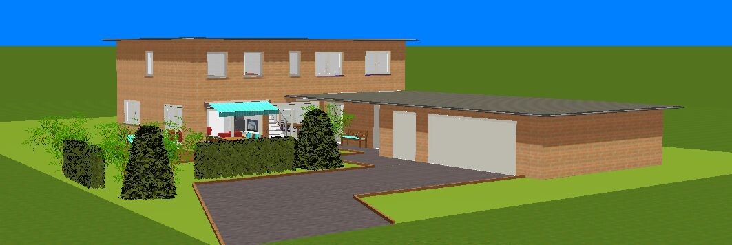3D model of a two-story brick house with garage, driveway, and garden
