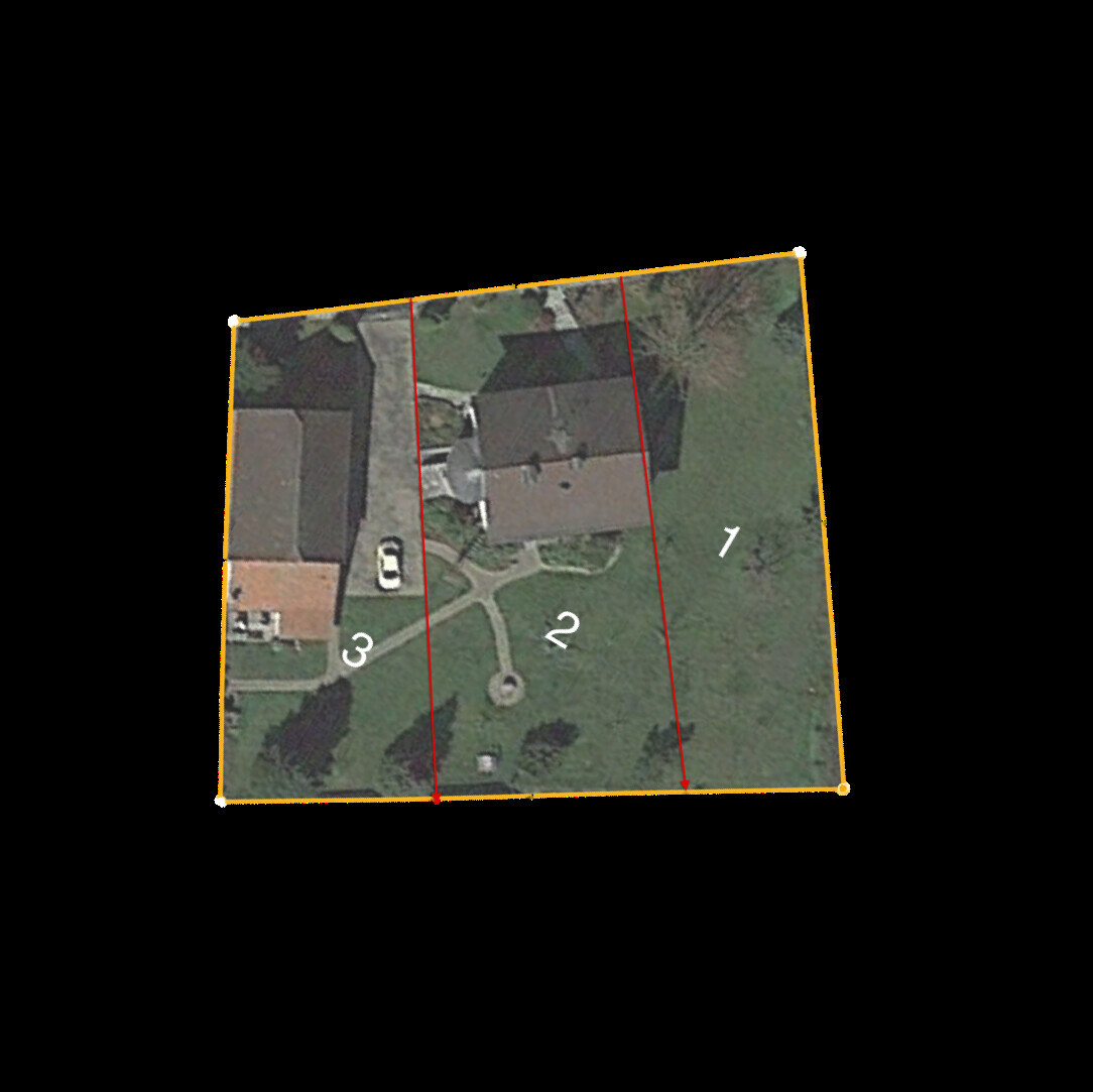 Aerial photo of a house on plot 2, three plots (1–3) and garden path.