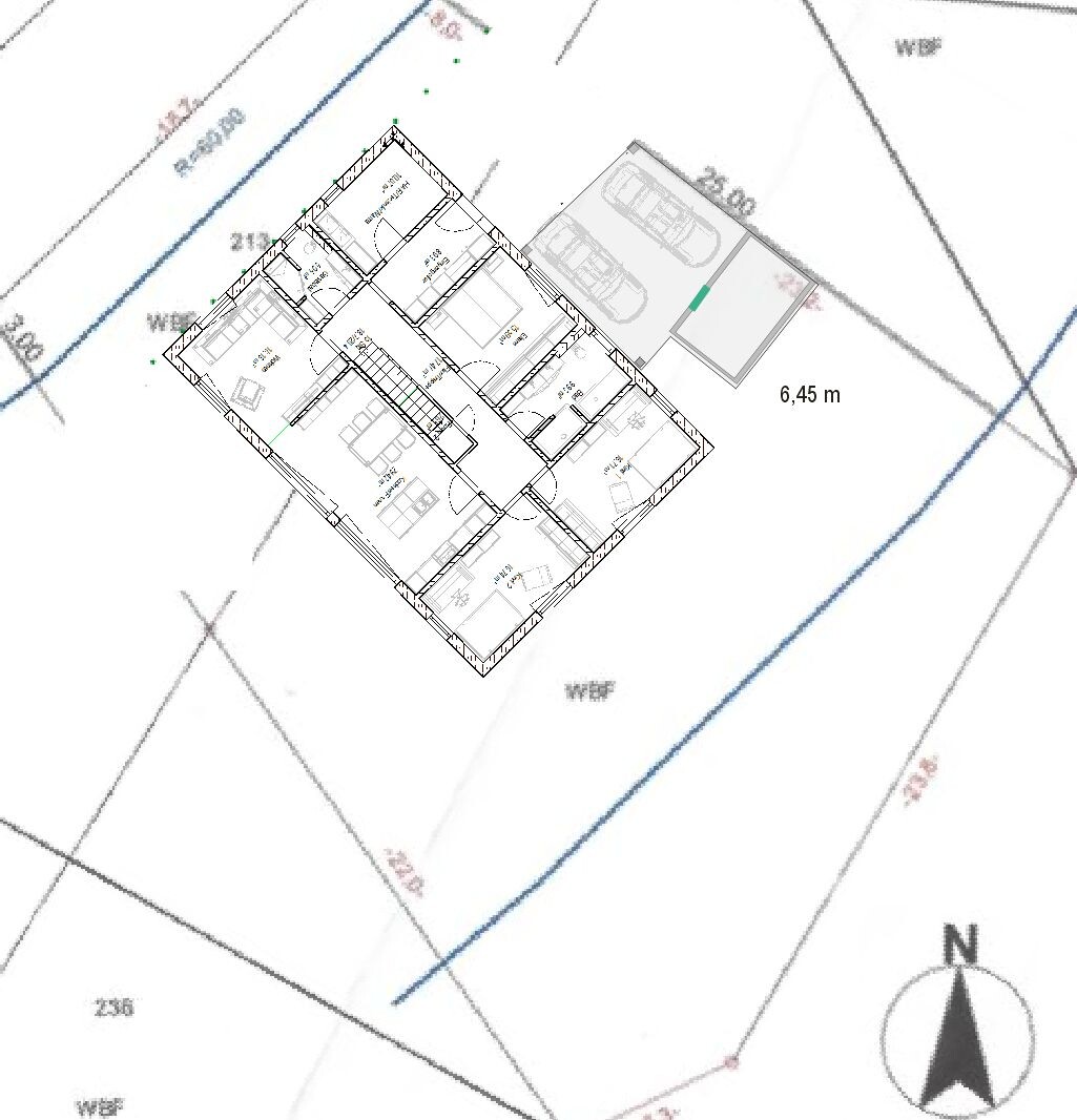 Floor plan of a house with multiple rooms, interior layout, and separate garage extension; dimension 6.45m (21 feet 2 inches).