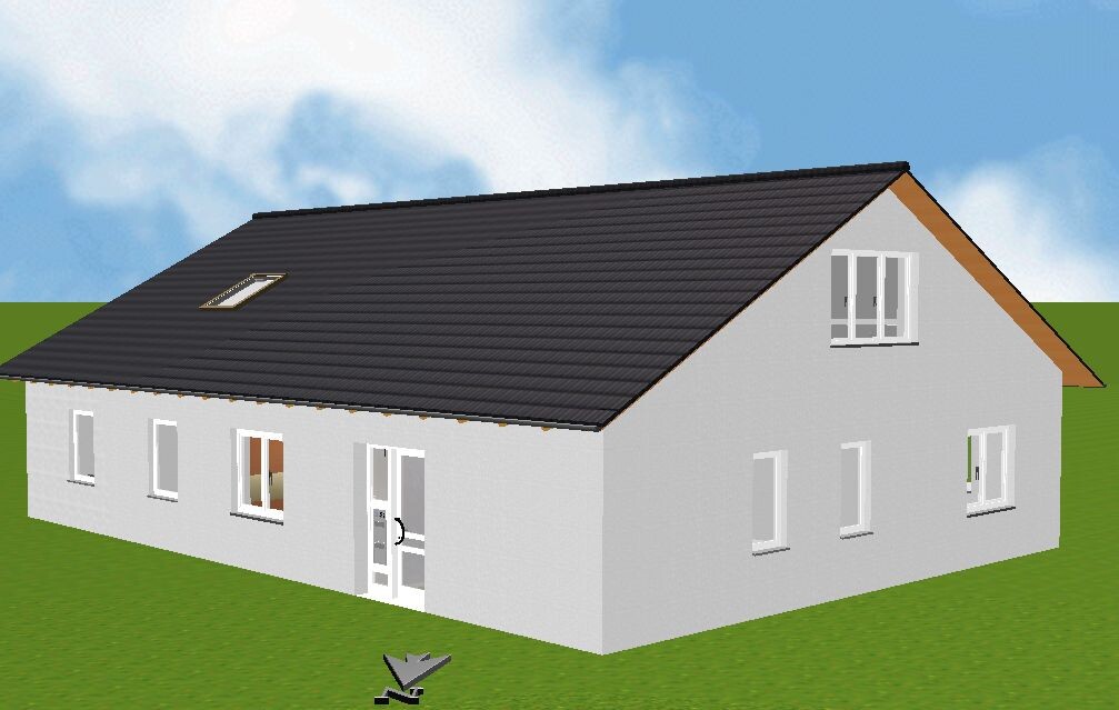 White single-family house with dark pitched roof on grass, roof window, several windows and front door.