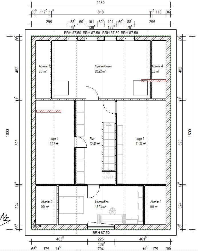 Floor plan of a house with play/reading room, hallway, storage, home office, and eaves storage.