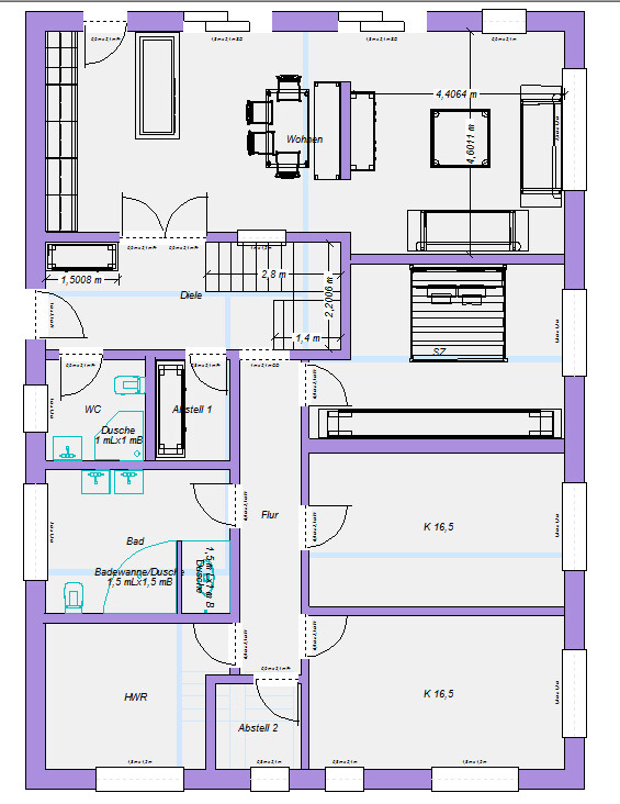 Floor plan of a house: living room, kitchen, hallway, foyer, bathroom, WC, shower, utility room, storage rooms.