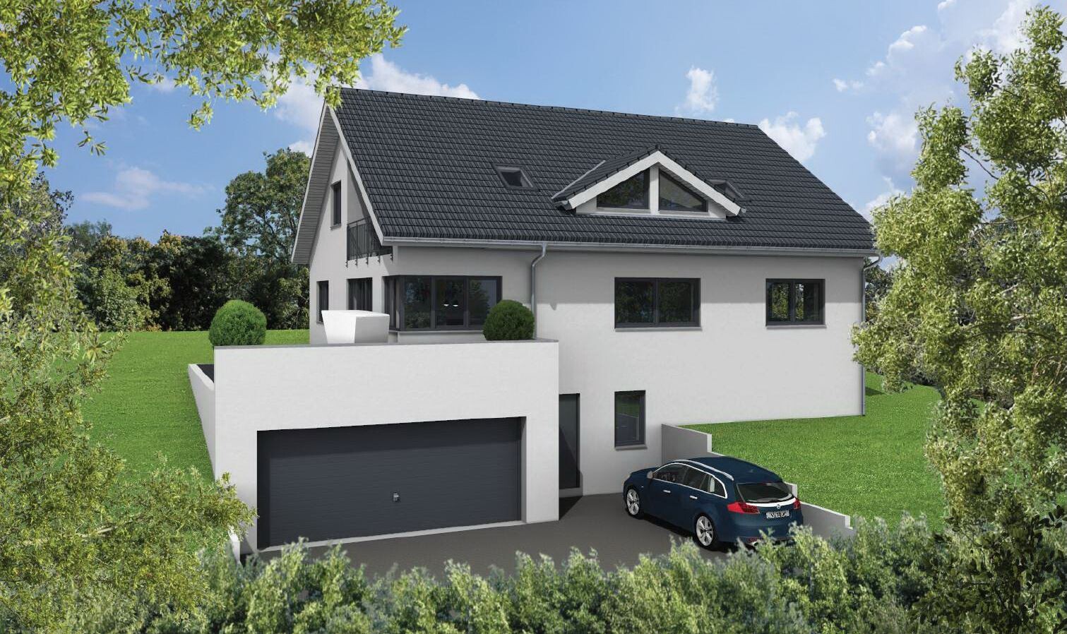 Modern white detached house with dark pitched roof, garage, driveway, and green garden.