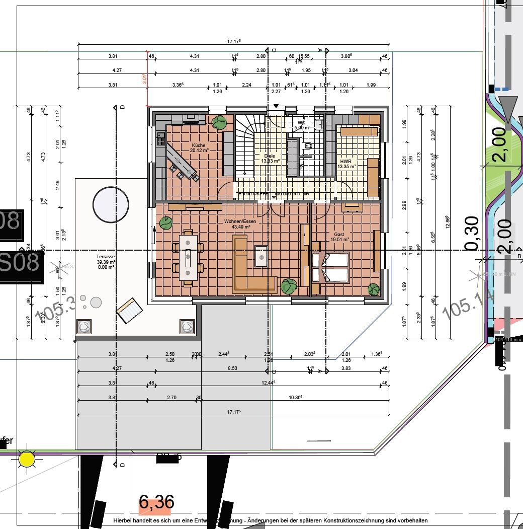 Floor plan of a house with kitchen, hallway, living/dining area, guest room, utility room, and terrace.