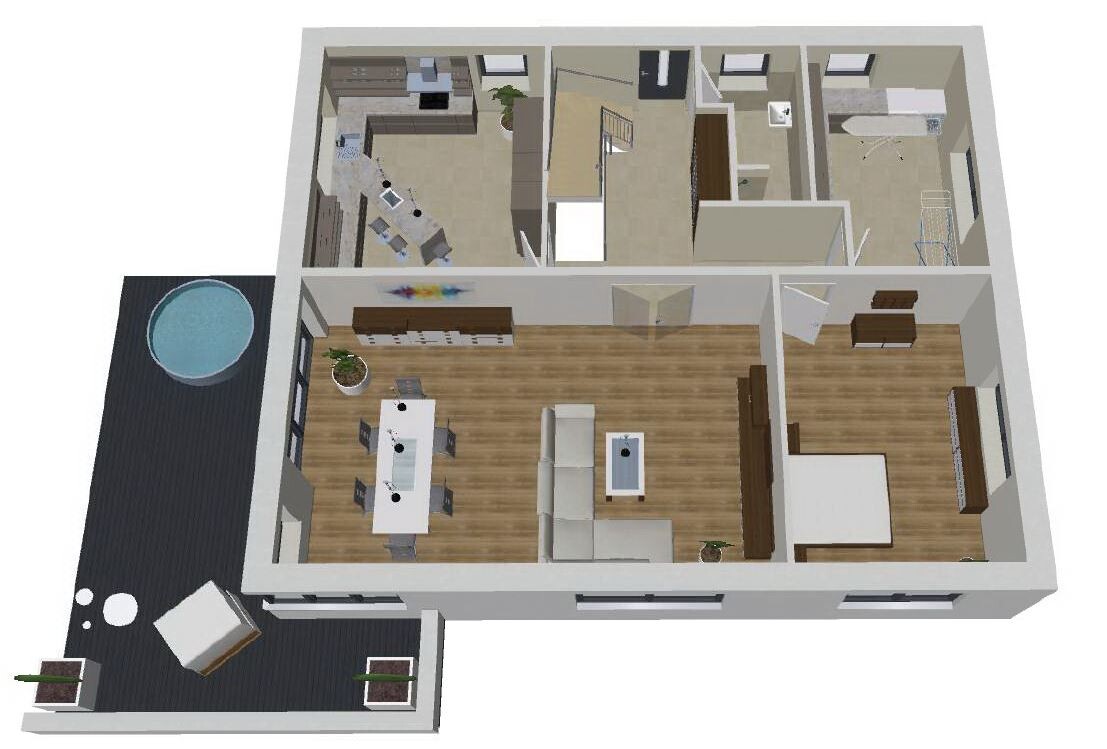 3D floor plan of an apartment: living/dining area, kitchen, bedroom, bathroom, hallway, balcony with pool.