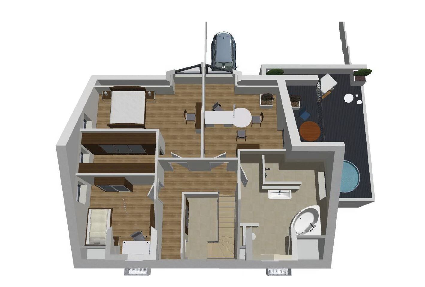 3D floor plan of an apartment: bedroom, living area with dining table, bathroom, hallway, stairs, balcony.