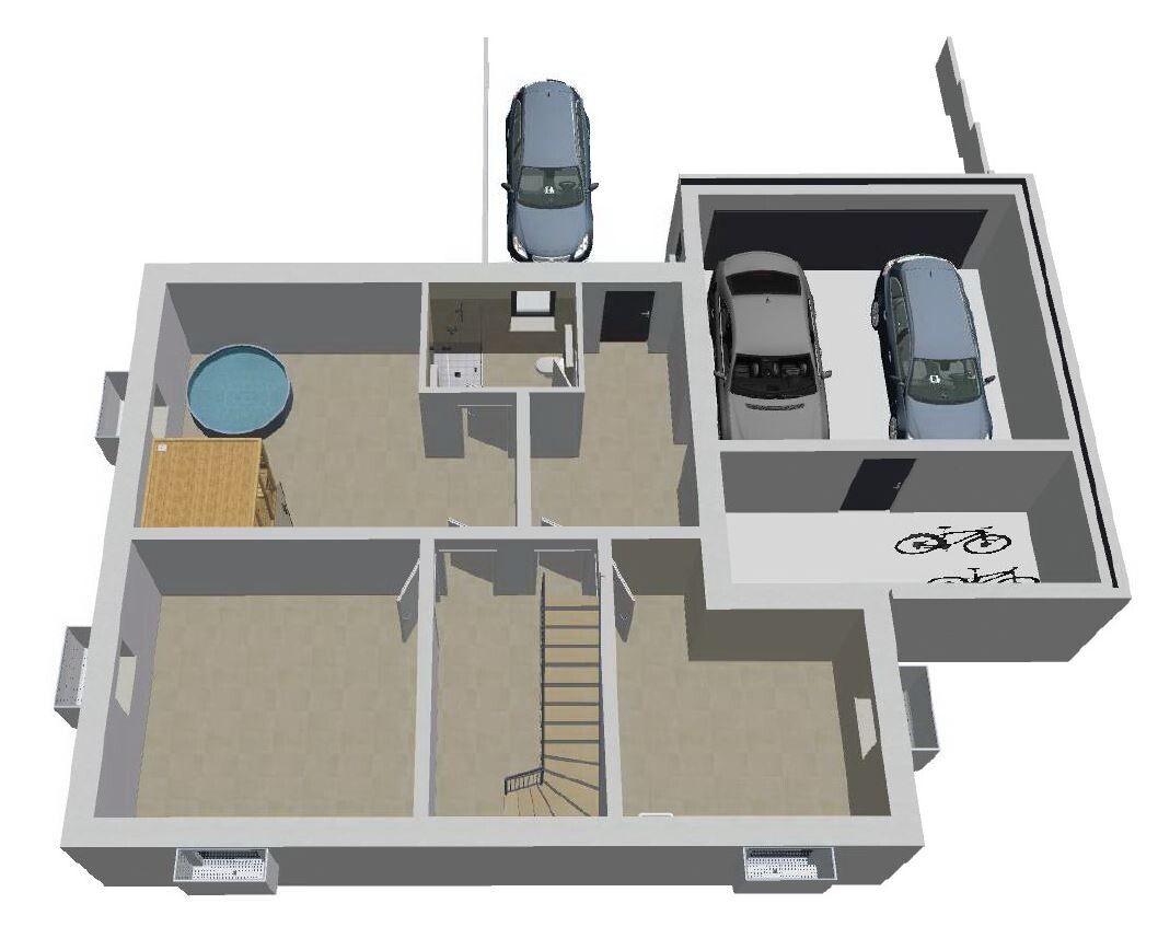 3D floor plan of a house: garage for three cars, stairs, kitchen, bathroom, living room, pool.