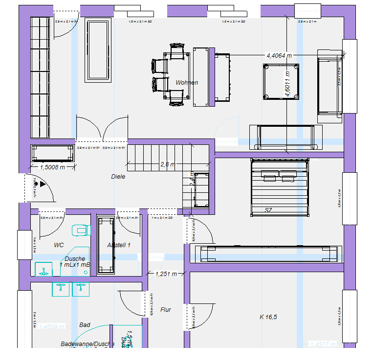 Grundrissplan eines Hauses mit Wohnzimmer, Diele, Flur, Küche und Bad