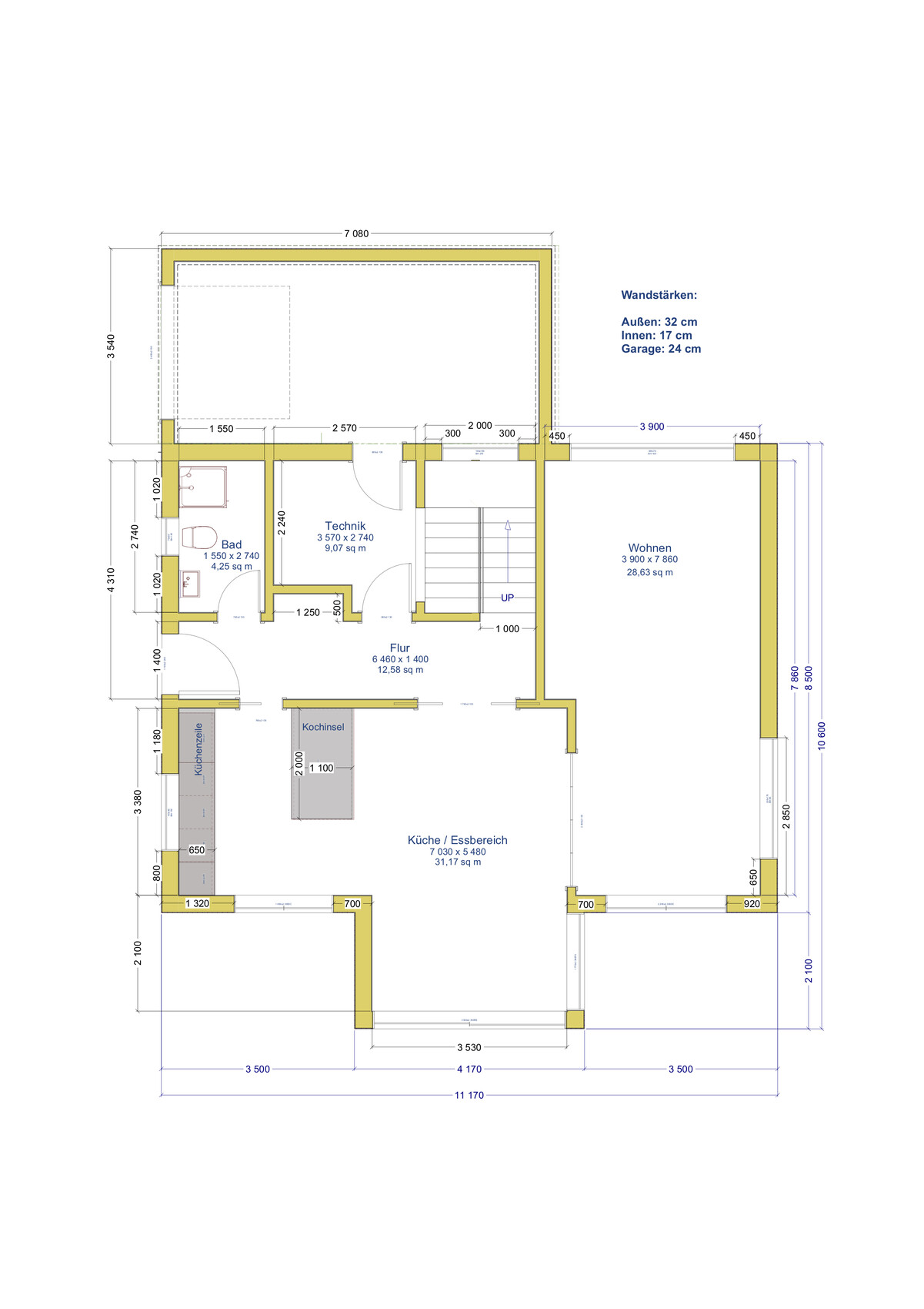 Floor plan of a house with kitchen, dining area, living room, bathroom, hallway, utility room, staircase and dimensions.