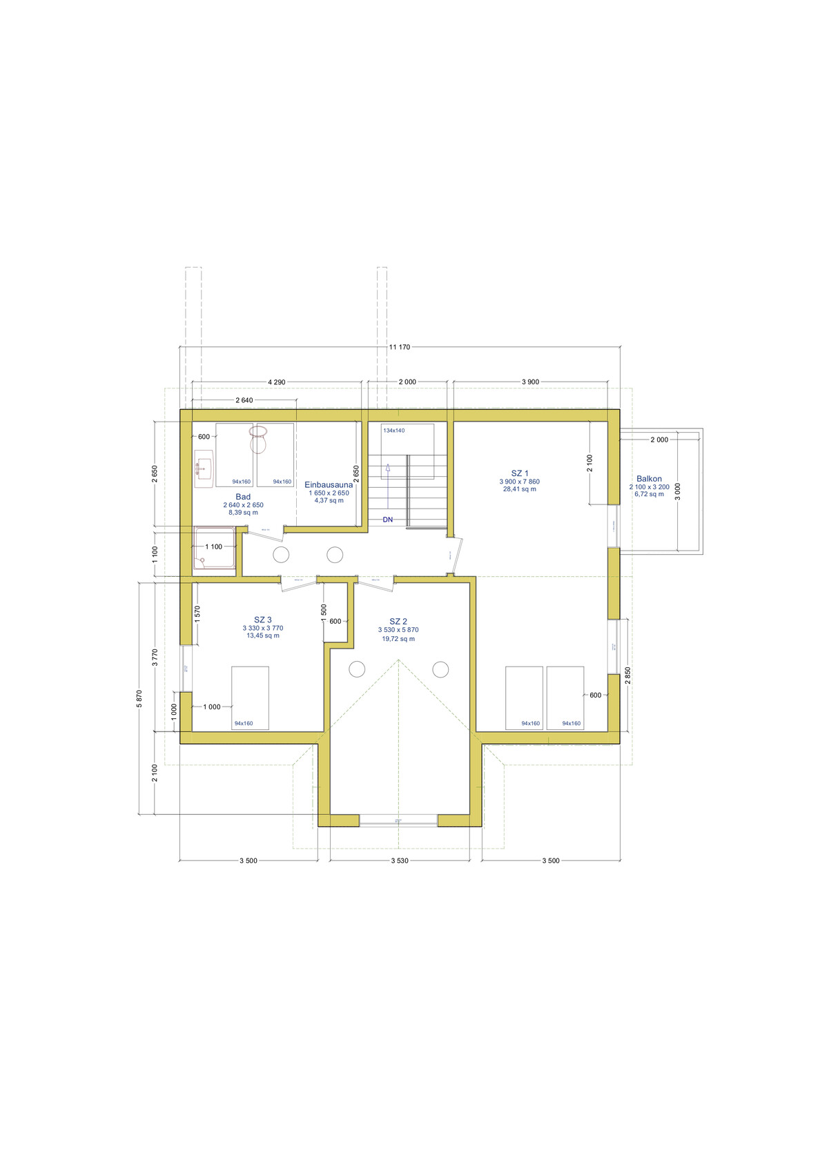 Upper floor plan: yellow exterior walls, rooms, stairwell, balcony.
