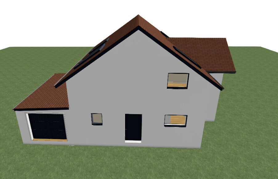 Two-story house with gray facade, red gable roof and garage on green plot.