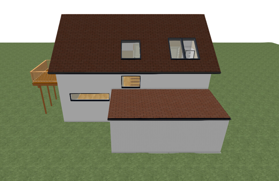 Modern two-story house with brown tiled roof, gray walls, side wooden deck and lawn.
