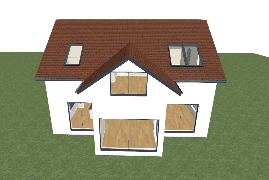 Modern white detached house with brown tile roof, large glass fronts and terrace.