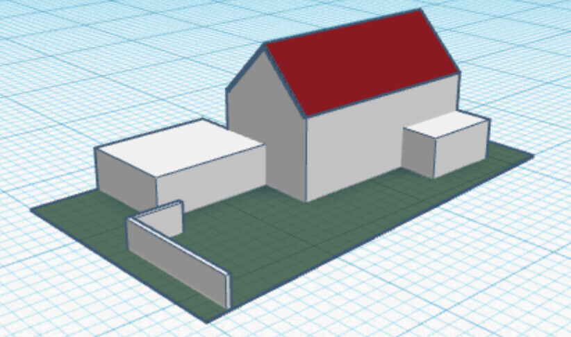 3D model of a house with a red roof and outbuildings on a green plot