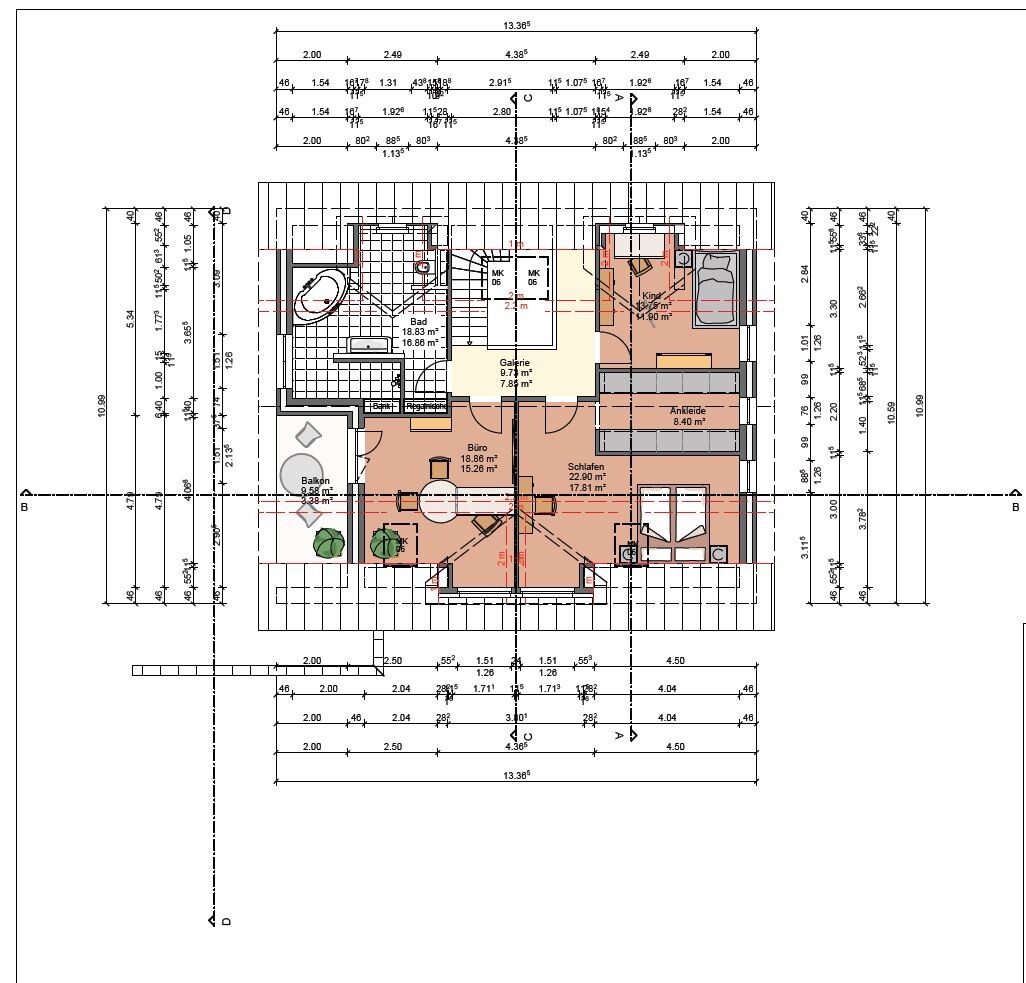 Floor plan of a house with bathroom, bedroom, office, gallery, dressing room and balcony