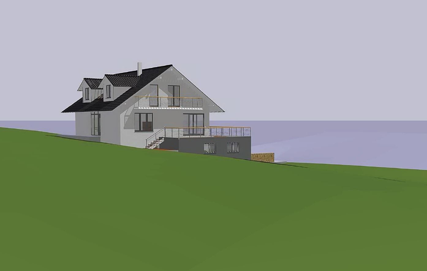 Modern villa on a slope with terrace and sea view.
