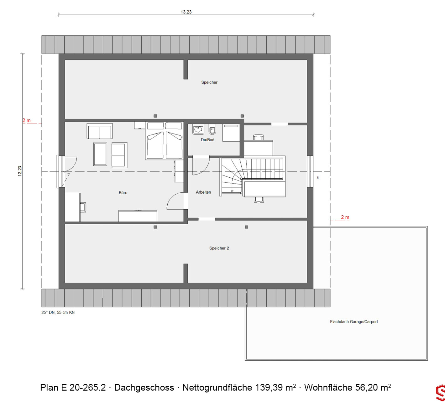 Attic floor plan: office, work area, storage, shower/bathroom, stairs, storage 2, carport.
