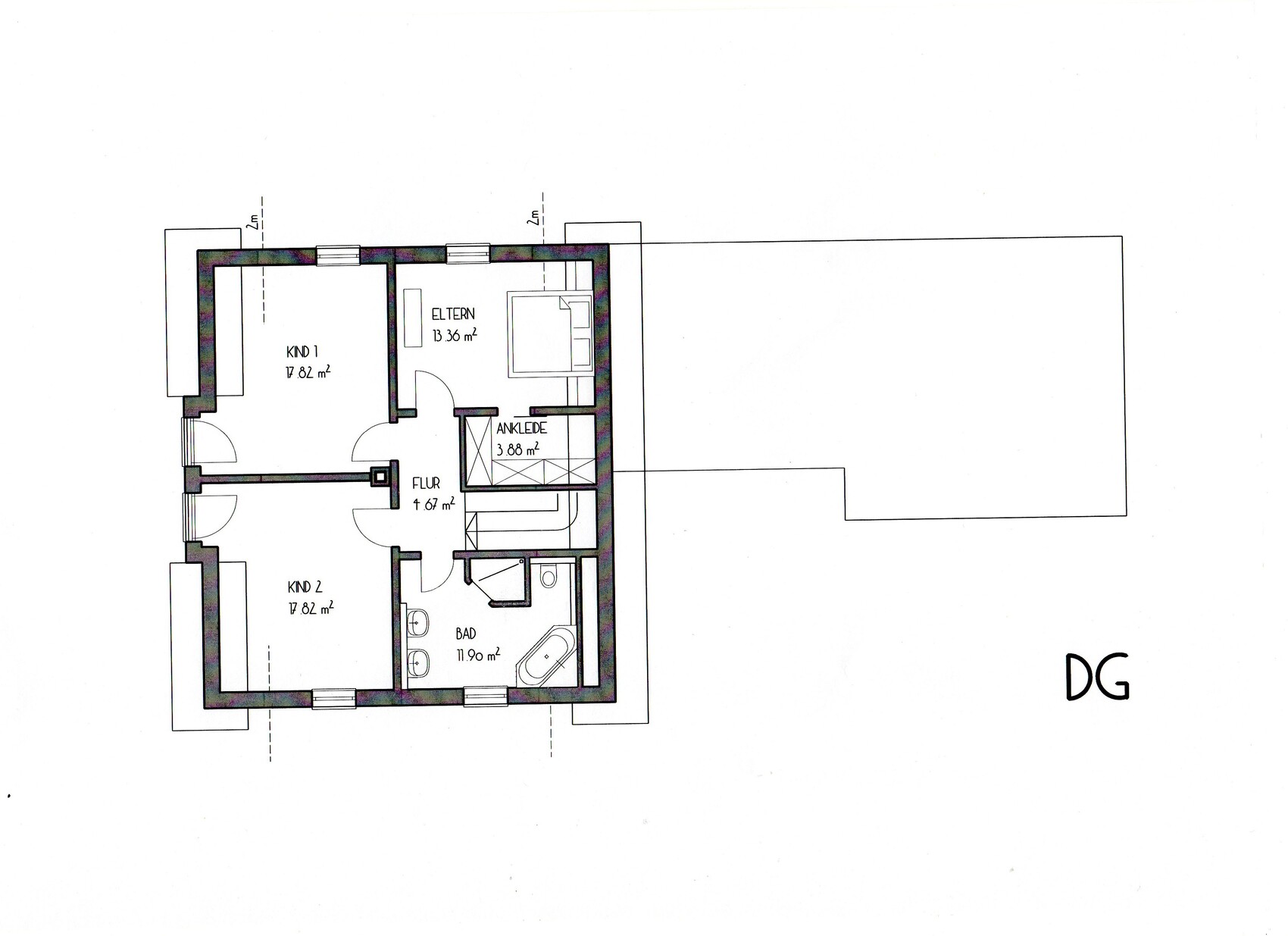 2D attic floor plan of a family home with master bedroom, children's rooms, and bathroom