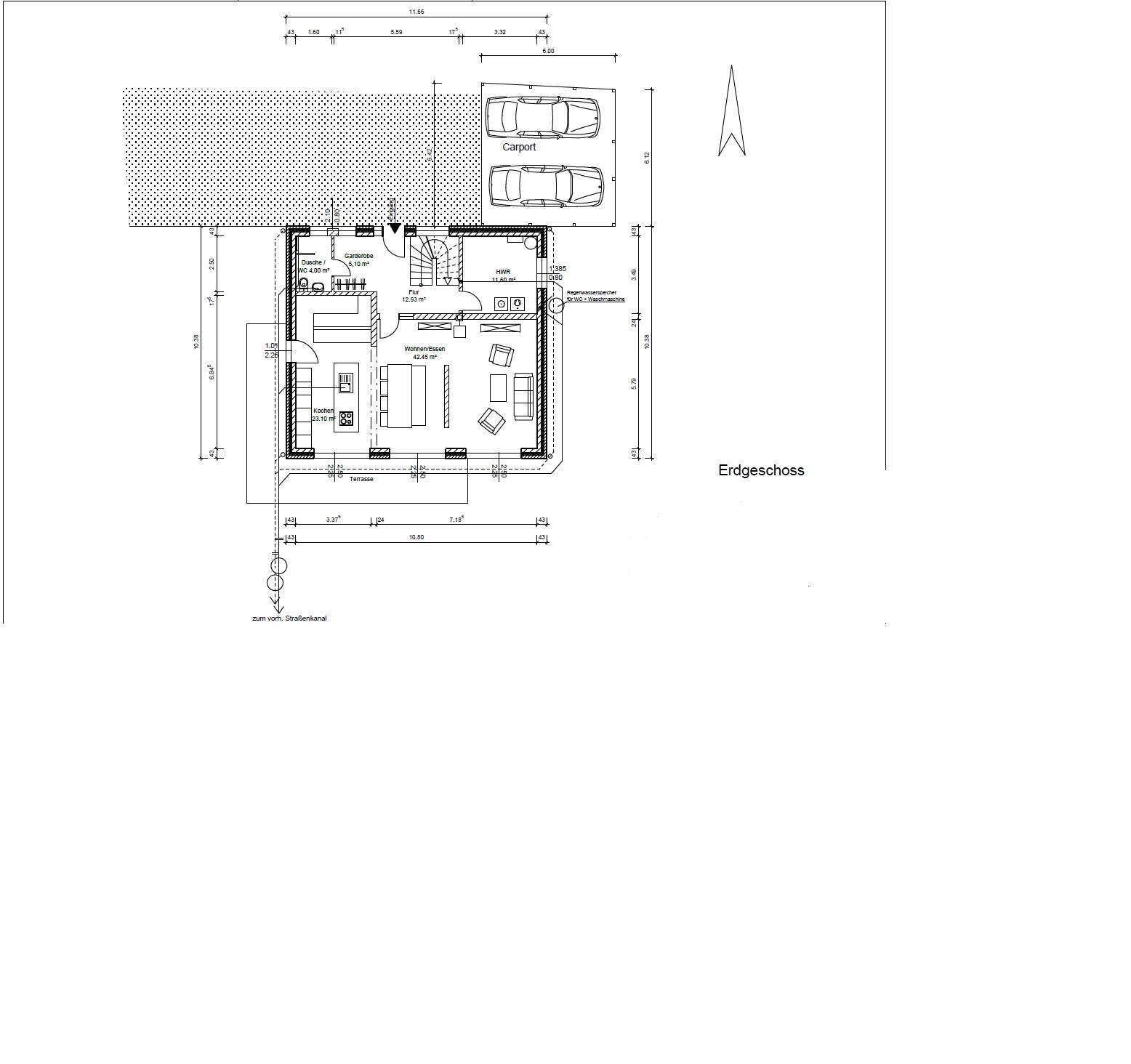 Ground floor plan of a house: carport, terrace, living/dining area, kitchen, and hallway.