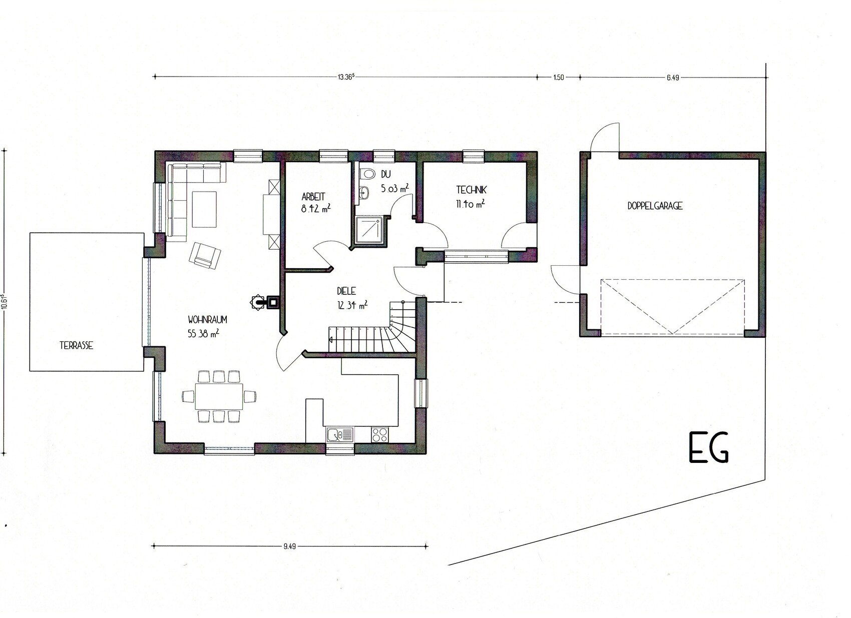 2D floor plan of a house with living room, kitchen, hallway, stairs, terrace, and garage.