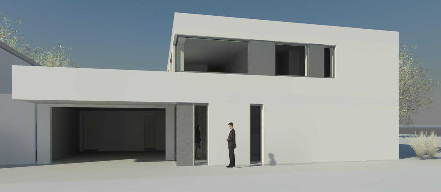 Modern white villa with large open carport; person in suit in front of entrance.