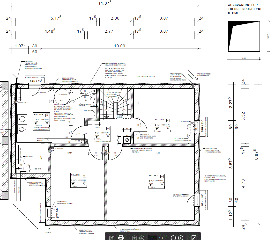 Grundriss Kellergeschoss: Bauplan mit Wänden, Türen, Treppen und Maßangaben.