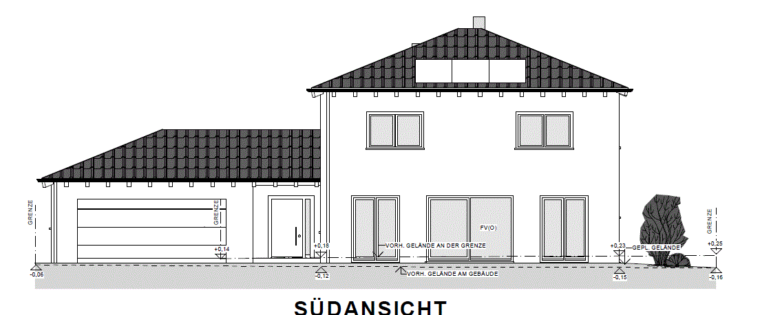 Südansicht eines zweigeschossigen Hauses mit Garage links, großen Fenstern und Garten.